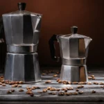 A large and small metal stovetop espresso maker sit on a wooden table scattered with coffee beans, against a dark backdrop.
