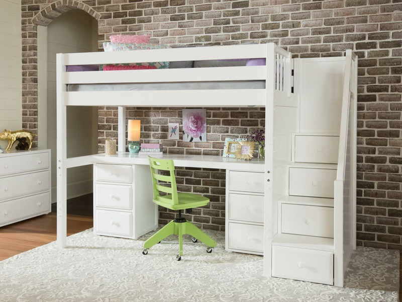 A stylish loft bed with a desk and a green chair beneath, set against a textured brick wall in a cozy room.