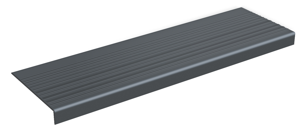 Dark gray metal stair nosing with horizontal grooves and a right-angled lip designed for edge protection and slip resistance.